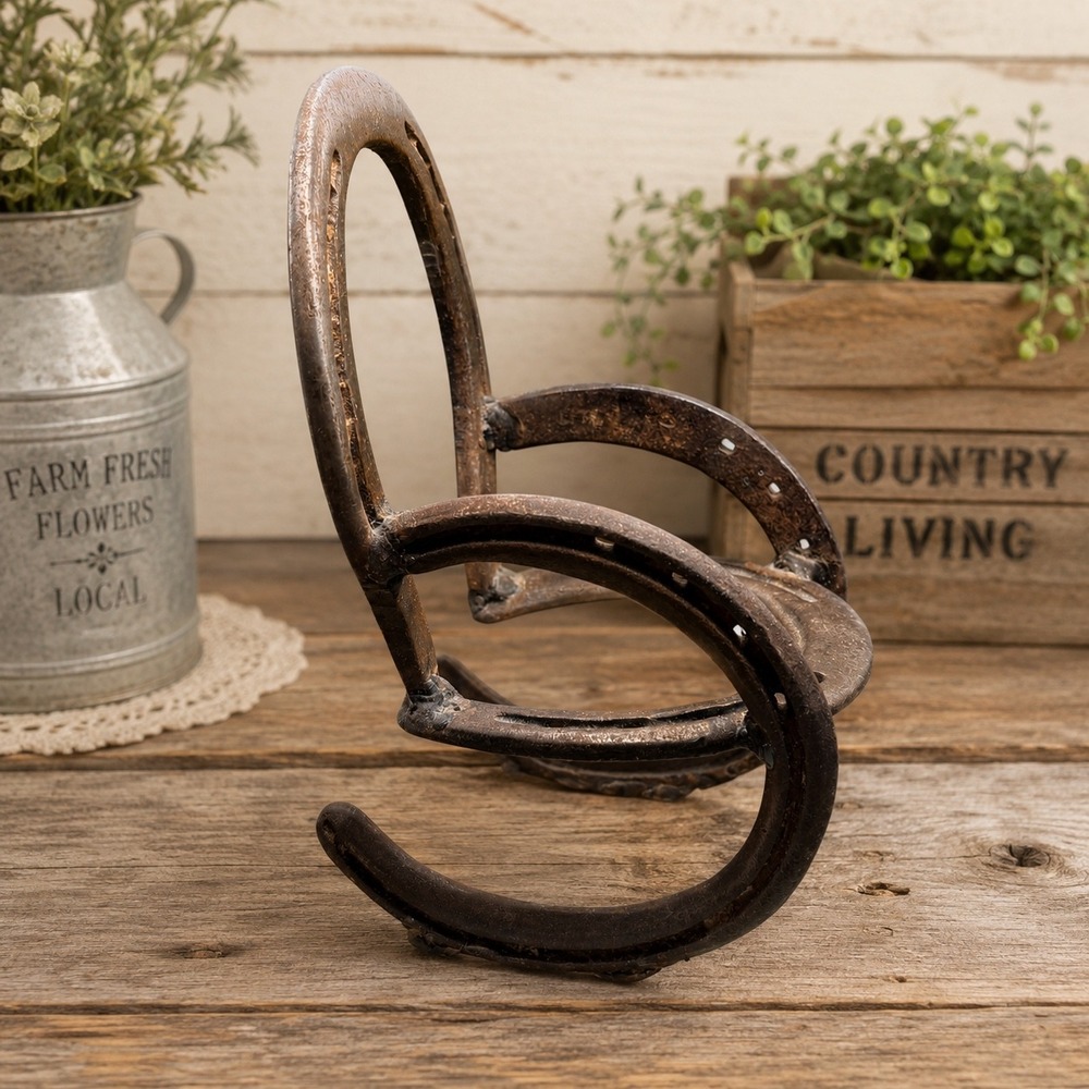 Handmade Horseshoe Rocking Chair Sculpture Rustic Western Iron Folk Art Decor